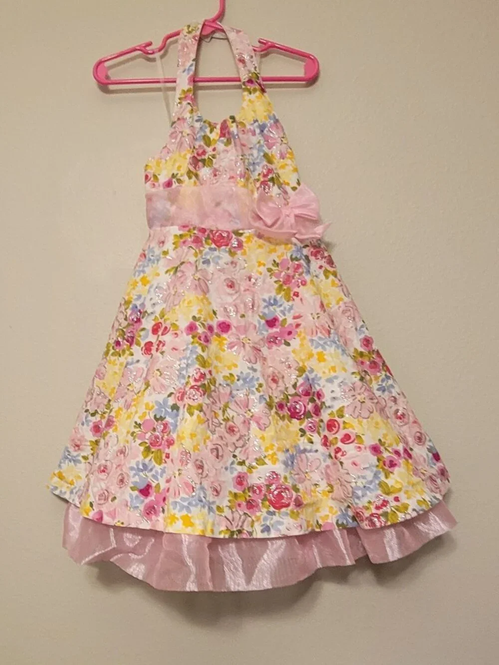 Jessica Ann Girls Size 5 Pink Floral Glitter Party Dress with Bow